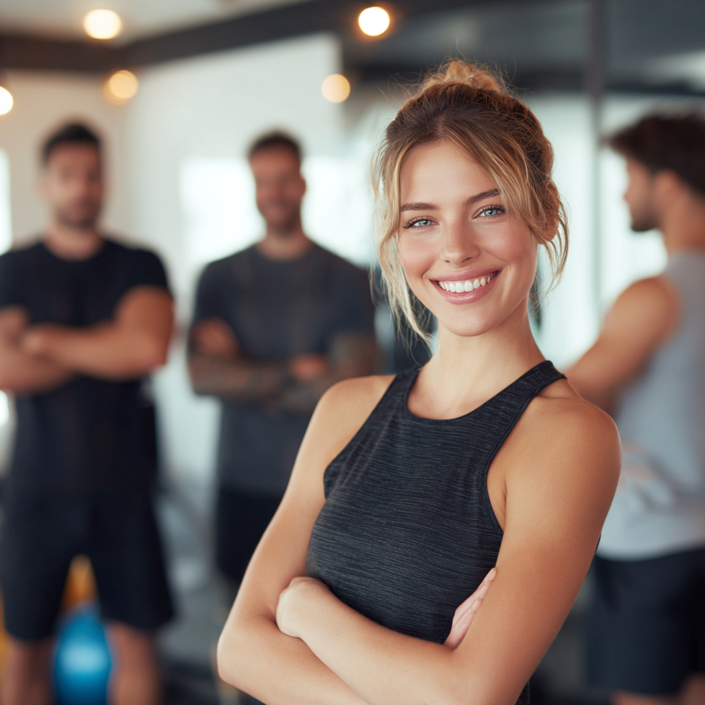 Energetic European fitness instructor in their 30s with bright smile demonstrating exercise form in modern gym setting