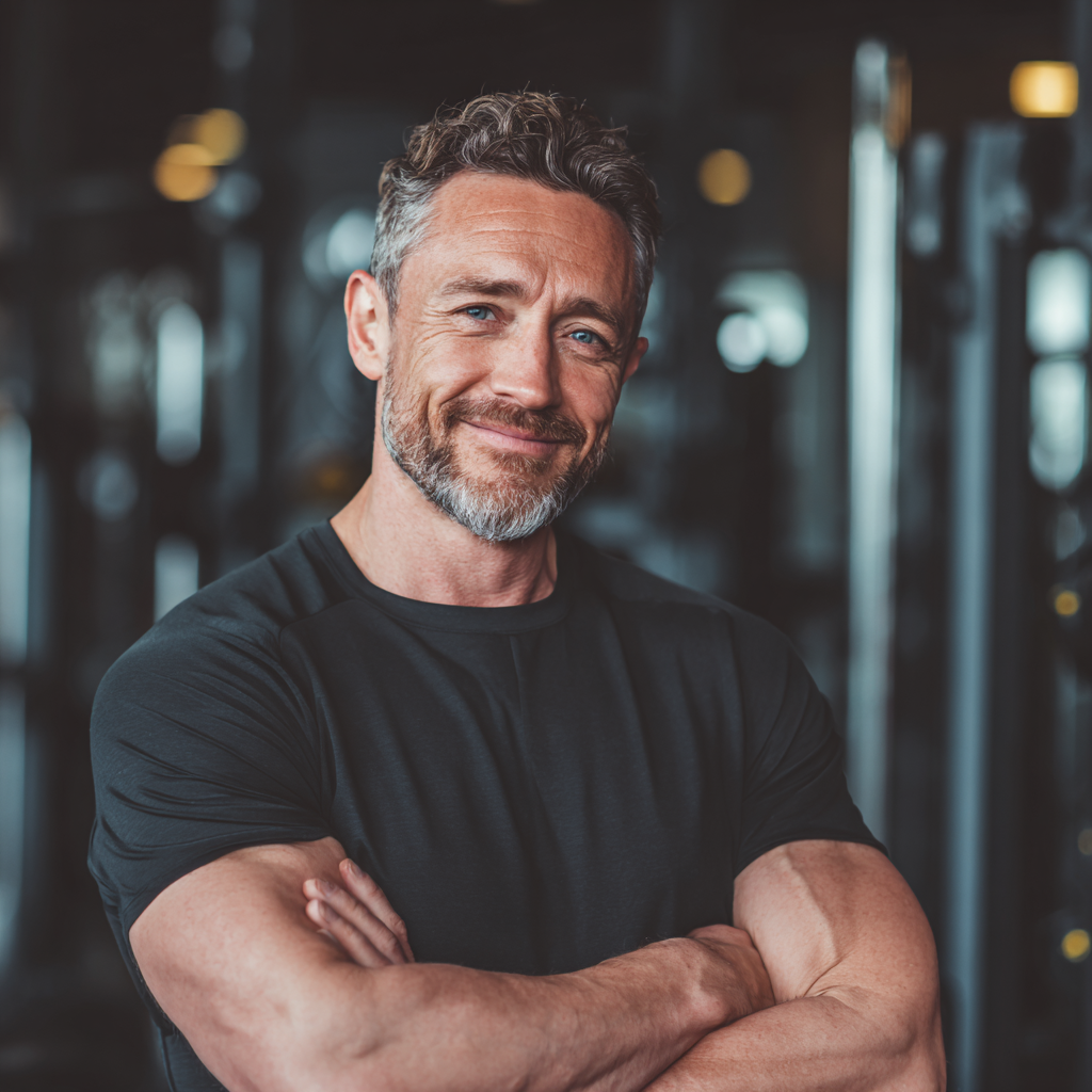 Happy European couple in their 40s exercising together with resistance bands in bright fitness studio