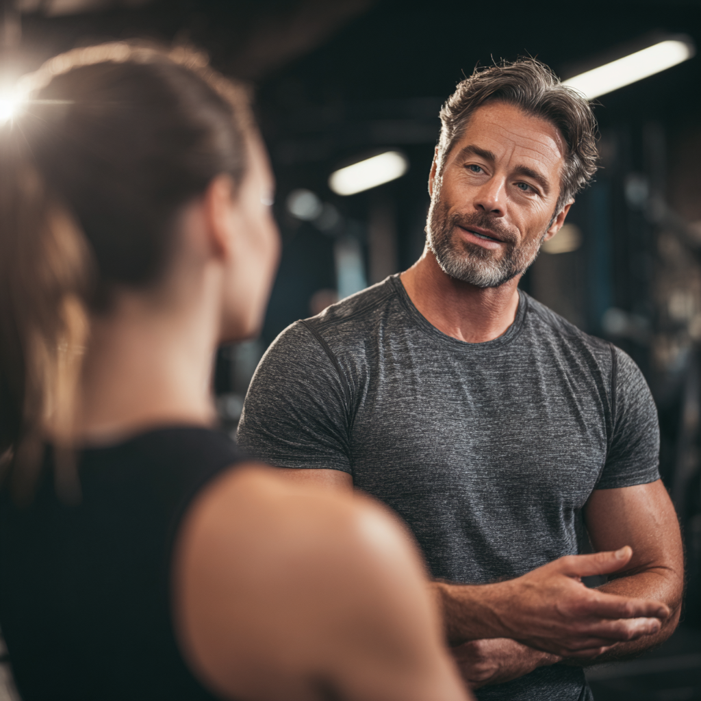 Smiling European fitness coach in their 20s showing digital tablet with workout tracking app in modern gym